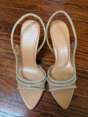 ZARA Tan Nude Pointed Slingback Heels with Beaded Straps